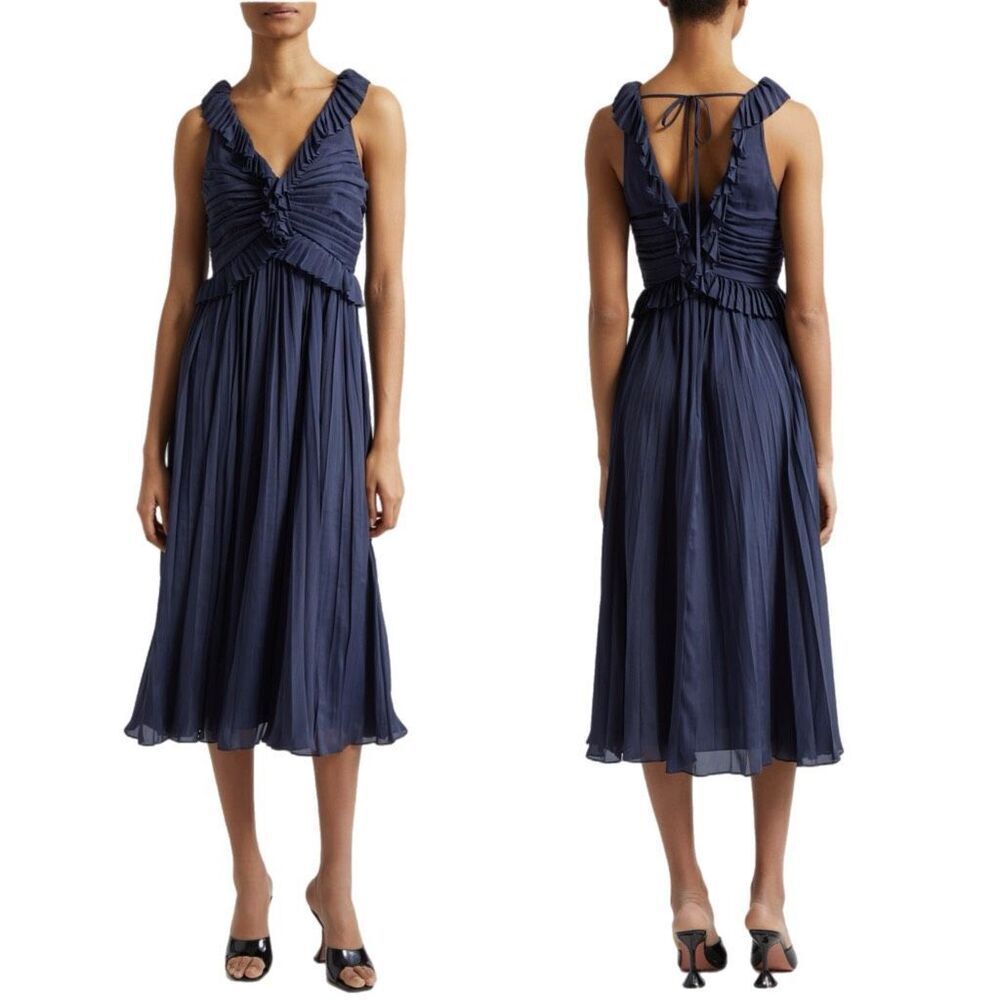 NWT Cinq à Sept Callowary ruffle detail midi dress in navy blue Size 2